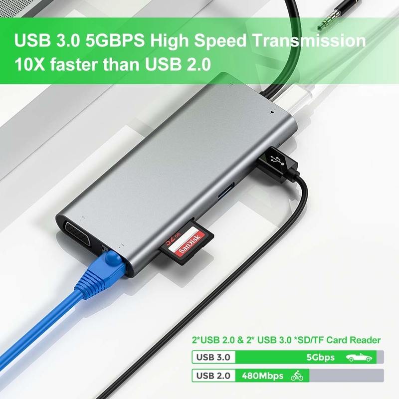 11 porte 11 in 1 USB Type C Hub 10Gbps USB C Docking Station Plug And Play Integrazione software