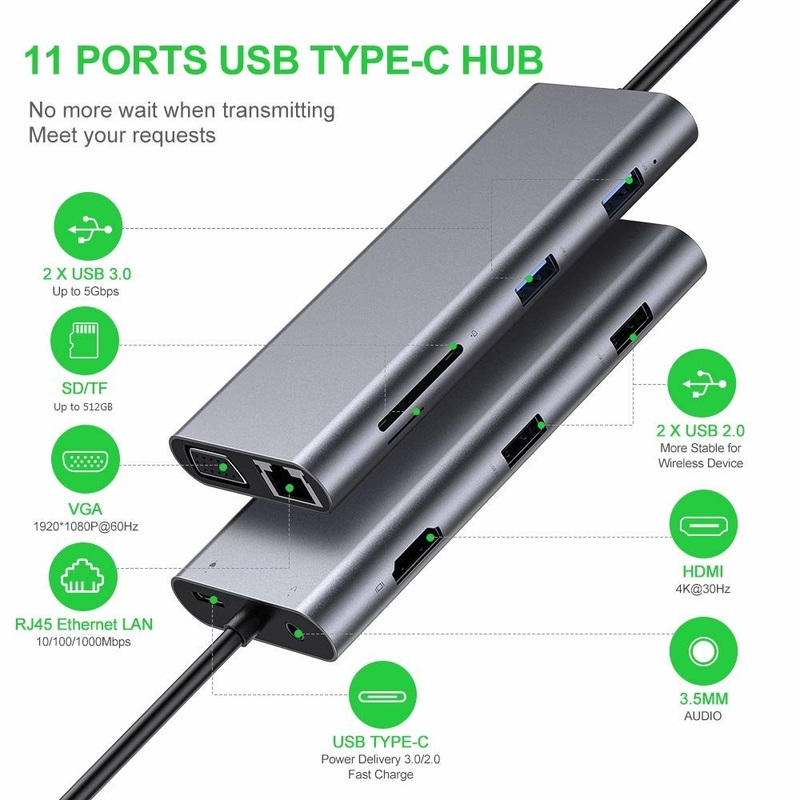 11 porte 11 in 1 USB Type C Hub 10Gbps USB C Docking Station Plug And Play Integrazione software