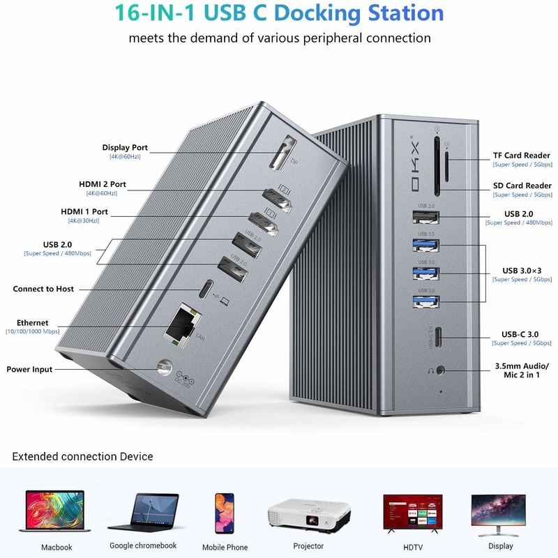Stazione di attracco 16 in 1 per laptop Adaptore USB C Grigio 10Gbps Data Transfer Rate Displaylink port