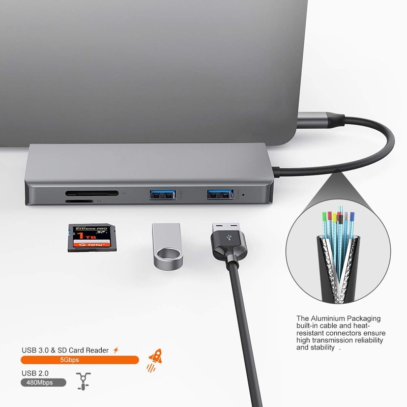11 in 1 in alluminio Silver USB C Hub con 3.5mm Audio Jack SD Card Reader per Mac laptop