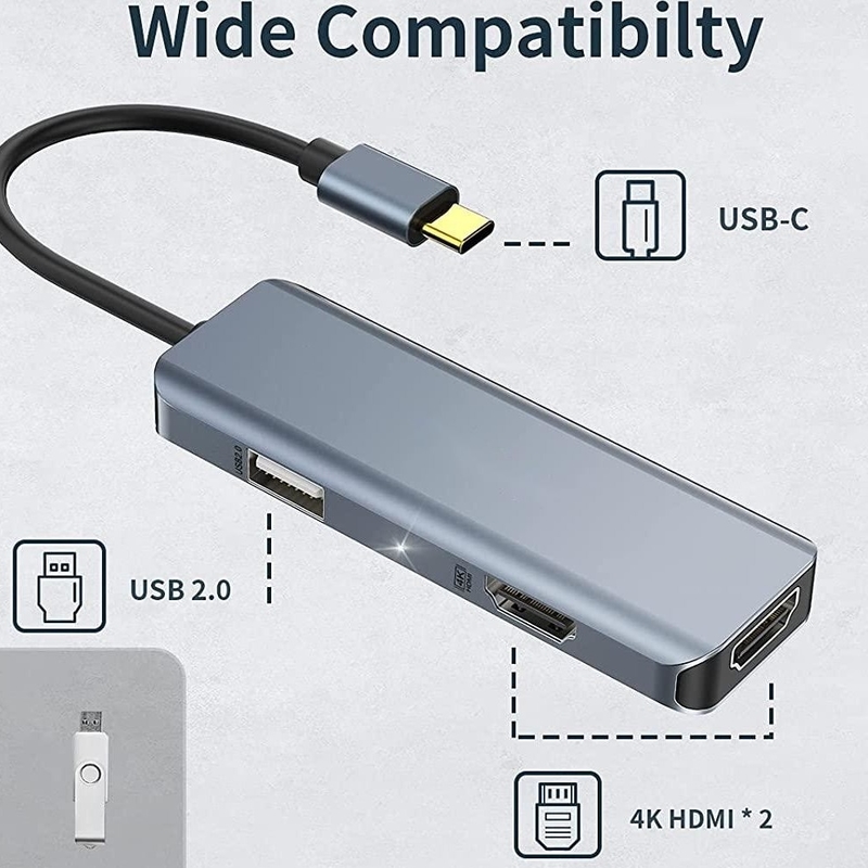 Dual Hdmi Usb C Dock Hub Aluminum USB C Adapter Monitor 3 in 1 Dongle Con 4K HDMI
