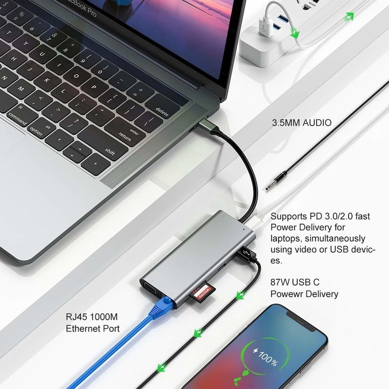 100 Watt Adaptore USB C Potenza 5 in 1 USB 3.0 Hub TYPE C HDMI 4K 30Hz 5Gbps 100W PD Ricarica rapida