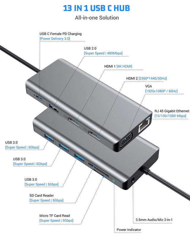 USB C 11 in 1 Multiport Dock Tipo C Triple USB 3.0 TF Card Tipo-C Laptop USB-C