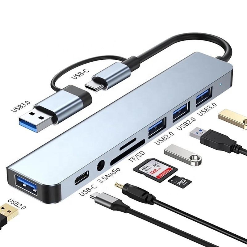 8-in-1 USB 3.0 Hub 3*USB 2.0 3.5mm Audio SD/TF Card Reader Output per il trasferimento e la ricarica dei dati