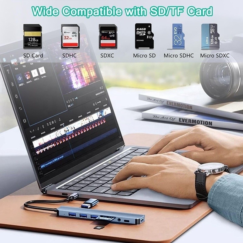 8-in-1 USB 3.0 Hub 3*USB 2.0 3.5mm Audio SD/TF Card Reader Output per il trasferimento e la ricarica dei dati