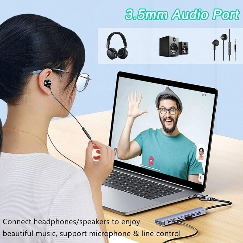 8-in-1 USB 3.0 Hub 3*USB 2.0 3.5mm Audio SD/TF Card Reader Output per il trasferimento e la ricarica dei dati
