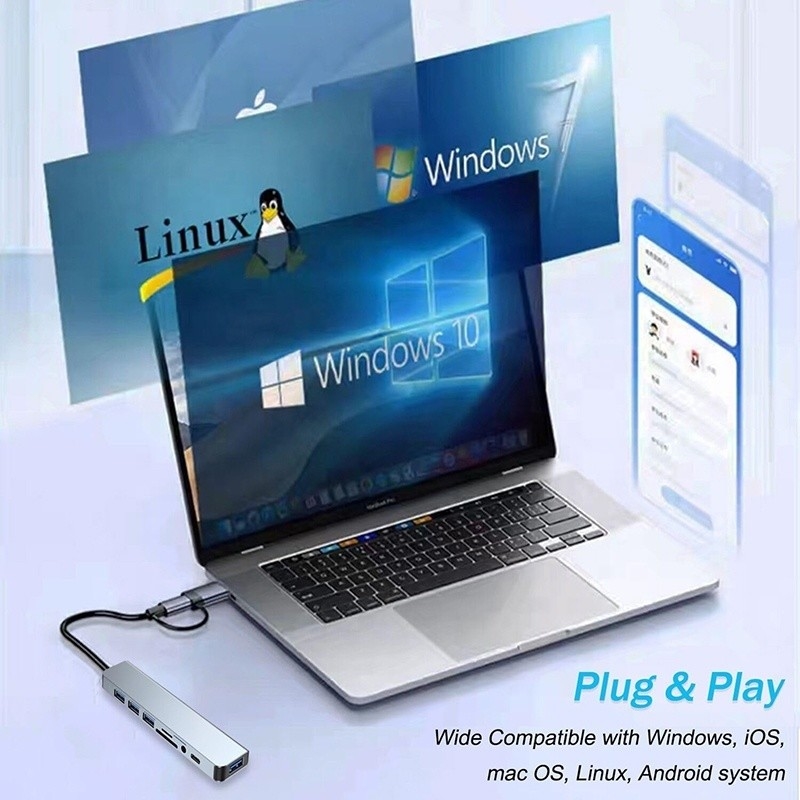 8-in-1 USB 3.0 Hub 3*USB 2.0 3.5mm Audio SD/TF Card Reader Output per il trasferimento e la ricarica dei dati