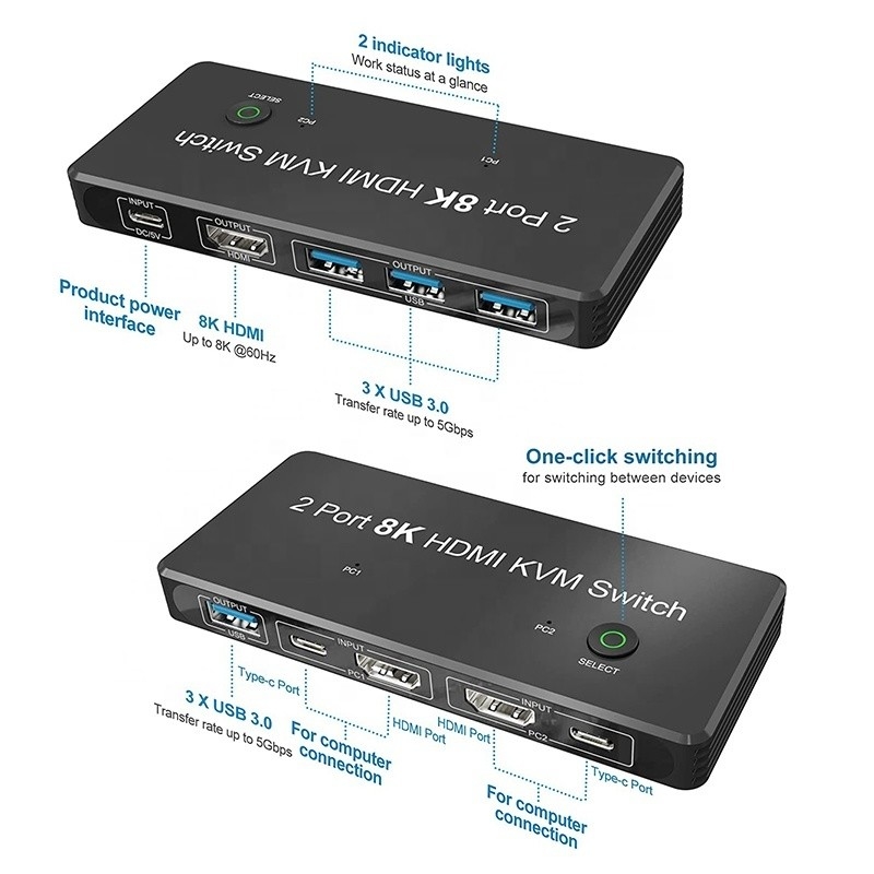 2 porte HDMI 2.1 KVM Switch con USB 3.0 2 Input 1 Output Indicatori LED femminile-femminile