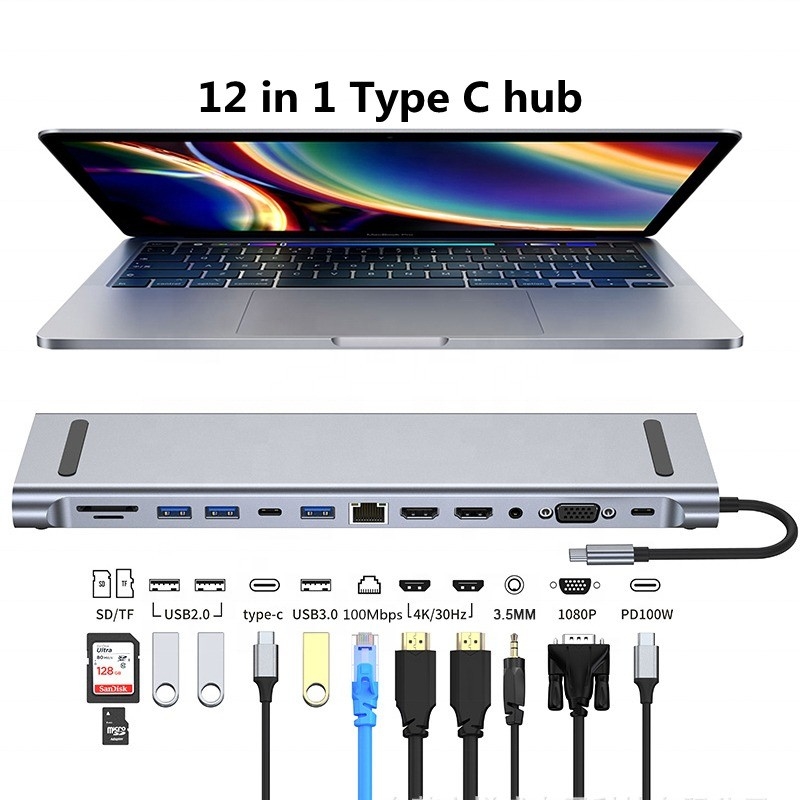 12 in 1 USB-C Docking Station di tipo C per il trasferimento di dati di ricarica e la funzione di altoparlante