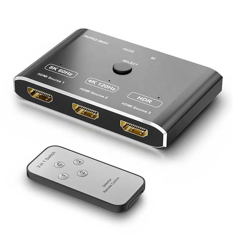 8K 120Hz HDR 3 porte HDMI Switch Switcher 3 in 1 Out Plug Remote Converter