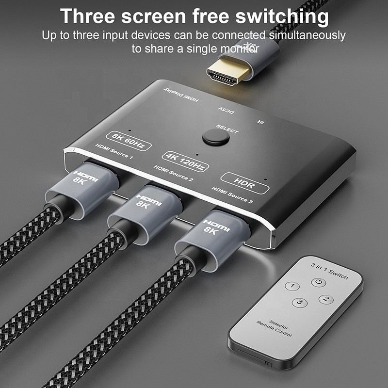 8K 120Hz HDR 3 porte HDMI Switch Switcher 3 in 1 Out Plug Remote Converter