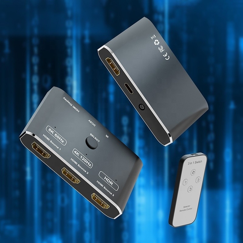 8K 120Hz HDR 3 porte HDMI Switch Switcher 3 in 1 Out Plug Remote Converter