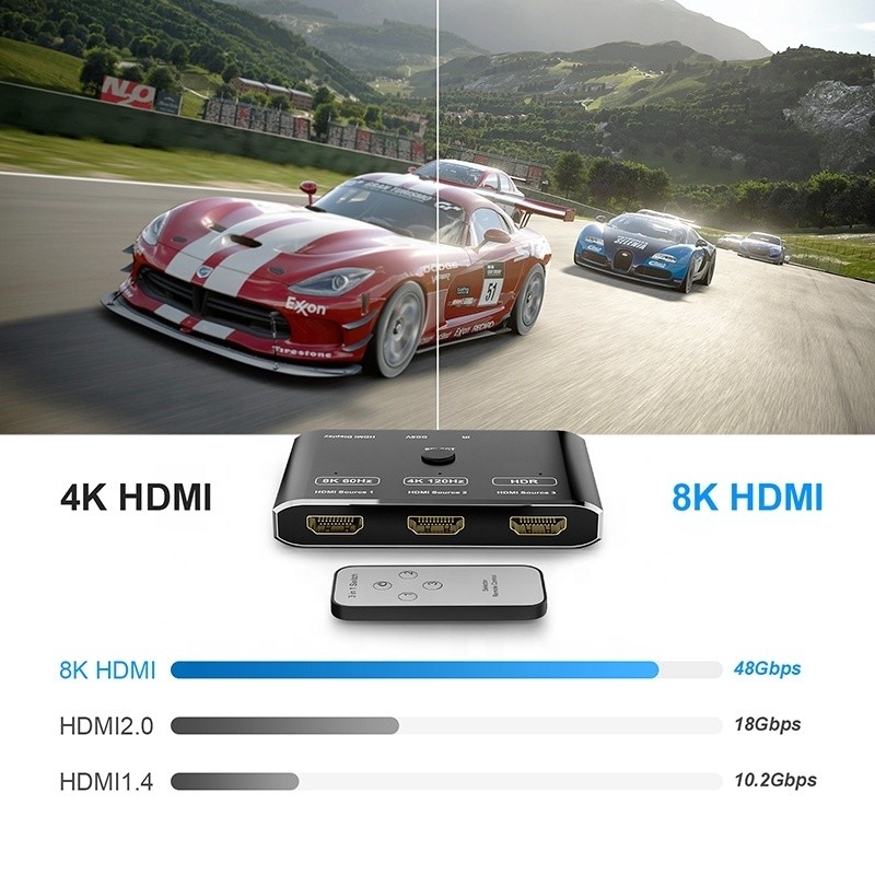 8K 120Hz HDR 3 porte HDMI Switch Switcher 3 in 1 Out Plug Remote Converter