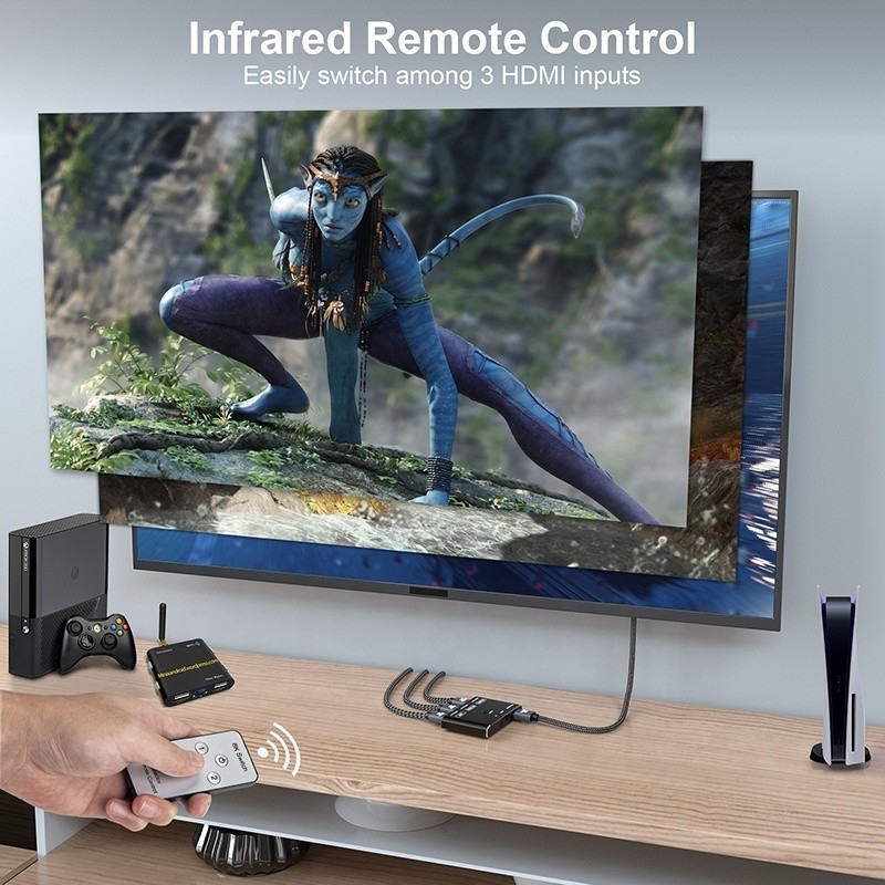 8K 120Hz HDR 3 porte HDMI Switch Switcher 3 in 1 Out Plug Remote Converter