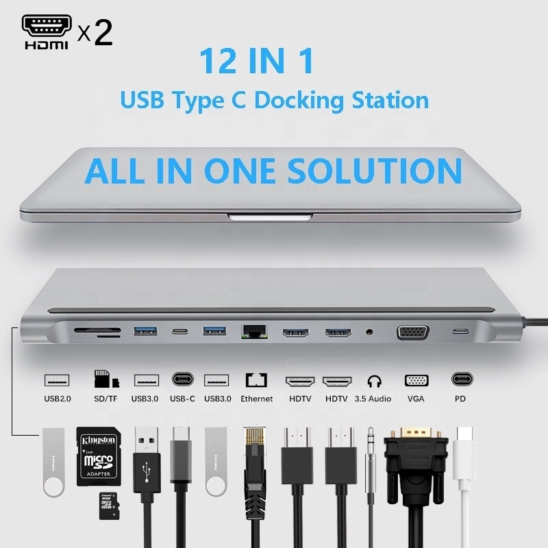 Connettività migliorata 12 in 1 USB C Type-C Hub Multiport Dock Station con doppio HDMI