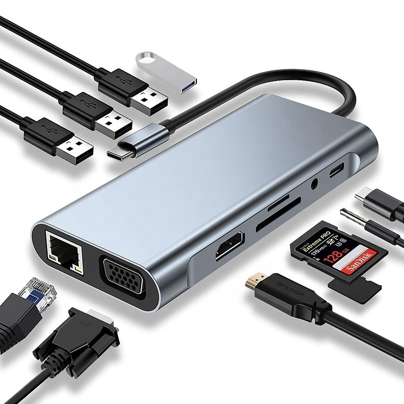 Dock USB C Hub multifunzione con lettore di schede SD TF Ethernet Gigabit RJ45 HDMI VGA USB 3.0