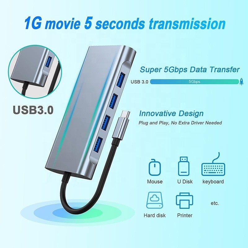 Dock USB C Hub multifunzione con lettore di schede SD TF Ethernet Gigabit RJ45 HDMI VGA USB 3.0