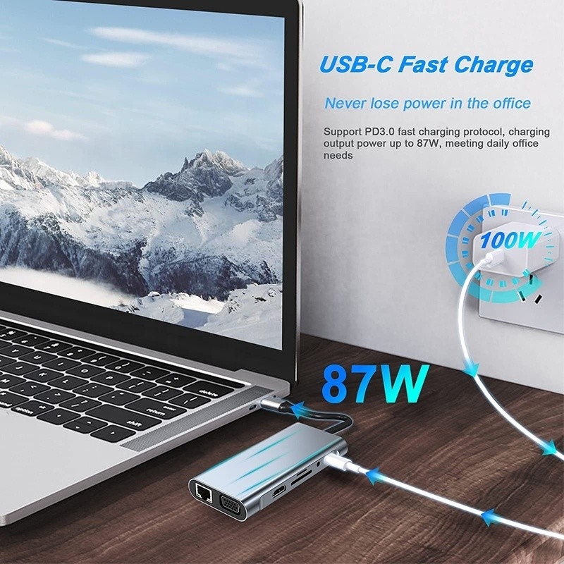 Dock USB C Hub multifunzione con lettore di schede SD TF Ethernet Gigabit RJ45 HDMI VGA USB 3.0