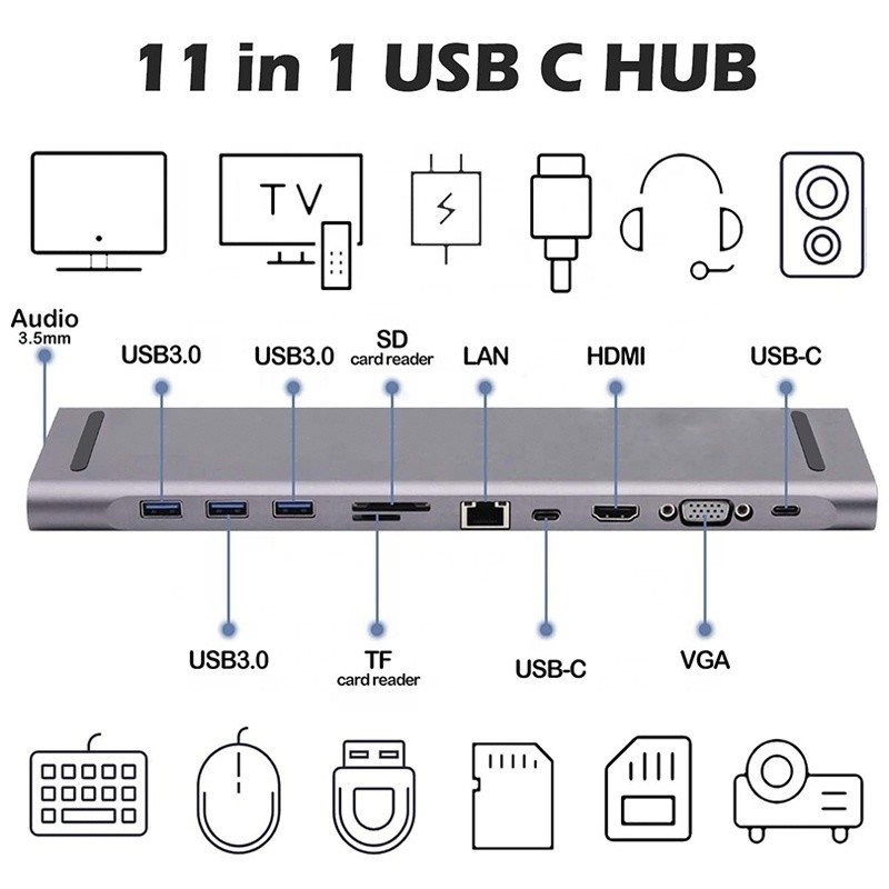 11 in 1 USB C Tipo C Docking Station con VGA Ethernet 3.5mm Audio TF/SD Card Reader