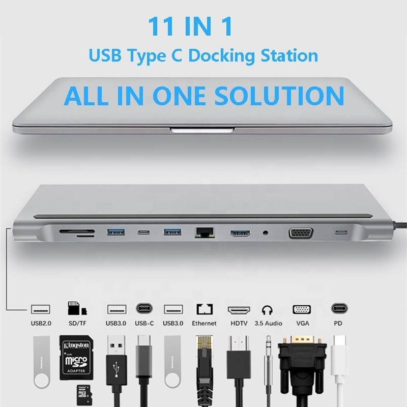 11 in 1 Multiport USB C USB-C Tipo-C PD 4K HDTV Hub Adapter Docking Station Con RJ45
