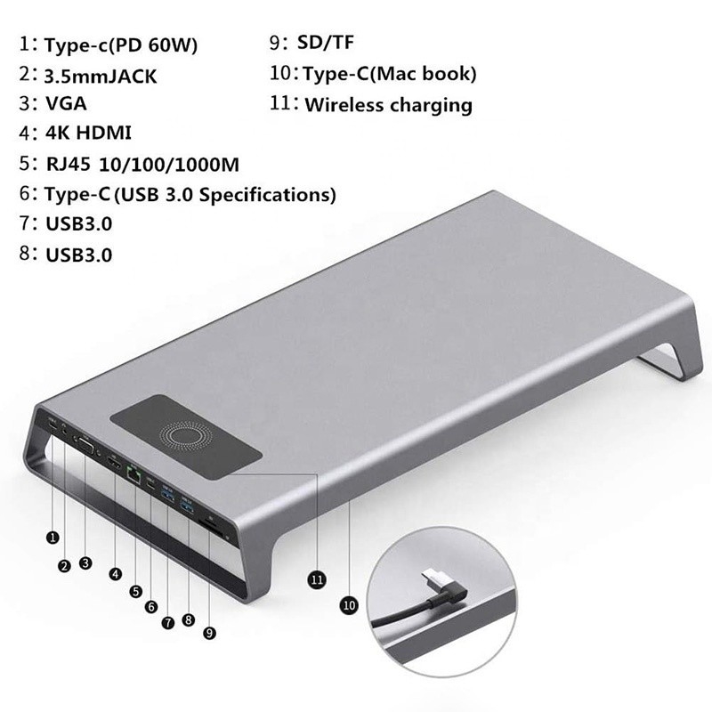 TYPE-C Maschio 11 in 1 Hub Computer Laptop Docking Station Adapter con 1000Mbps RJ45 e USB-C PD