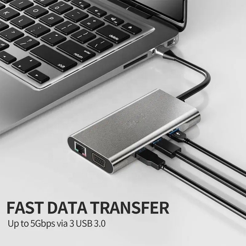USB C Hub Tipo-C a USB 3.0 HDMI VGA RJ45 Lan SD TF Audio Adapter USB Grigio Multiport