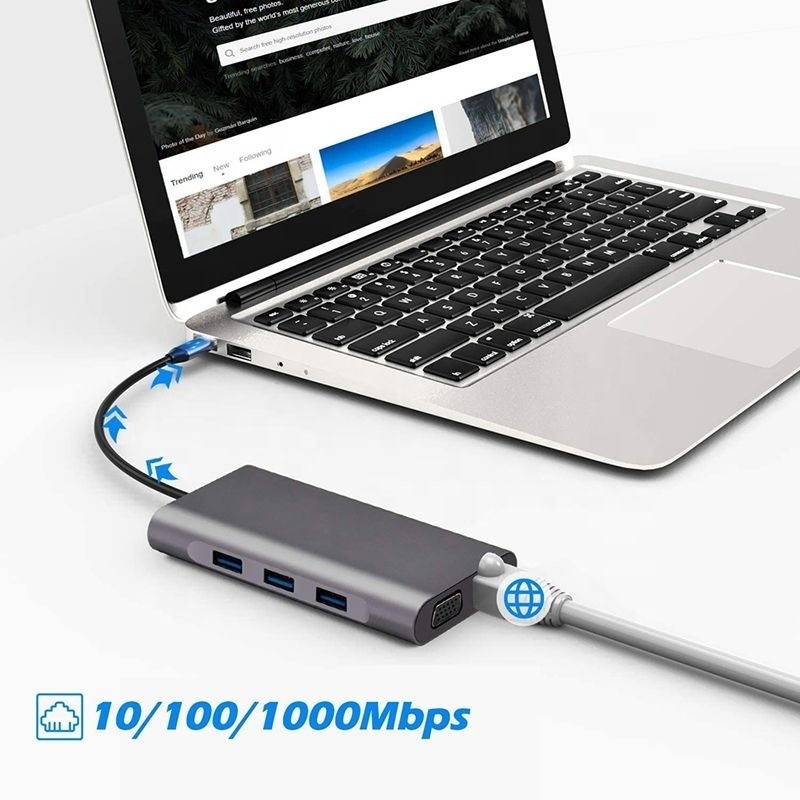 USB C Hub Tipo-C a USB 3.0 HDMI VGA RJ45 Lan SD TF Audio Adapter USB Grigio Multiport