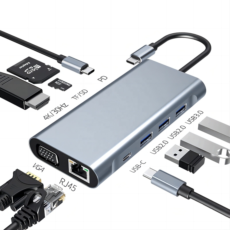 USB C Tipo C 10 In 1 Docking Station con 4K HDTV VGA Lan RJ45 USB3.0 Card Reader PD