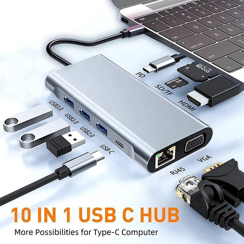 USB C Tipo C 10 In 1 Docking Station con 4K HDTV VGA Lan RJ45 USB3.0 Card Reader PD