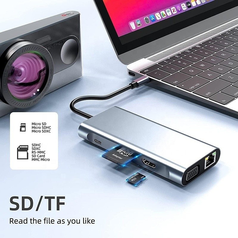 USB C Tipo C 10 In 1 Docking Station con 4K HDTV VGA Lan RJ45 USB3.0 Card Reader PD