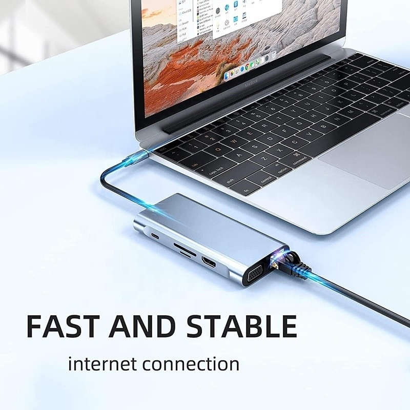USB C Tipo C 10 In 1 Docking Station con 4K HDTV VGA Lan RJ45 USB3.0 Card Reader PD