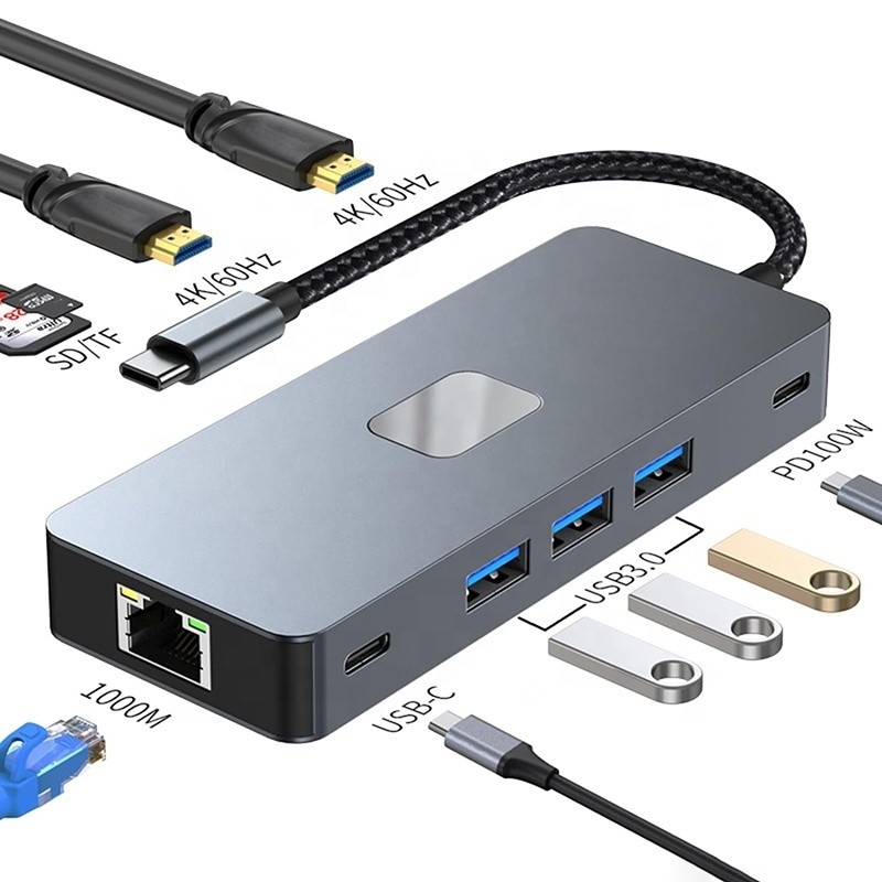10 in 1 USB C Hub To Dual HDMI 4K 60Hz Adapter Dock con USB 3.0 Ethernet RJ45 1000Mbps