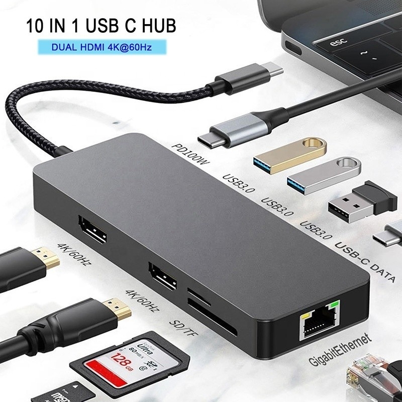 10 in 1 USB C Hub To Dual HDMI 4K 60Hz Adapter Dock con USB 3.0 Ethernet RJ45 1000Mbps