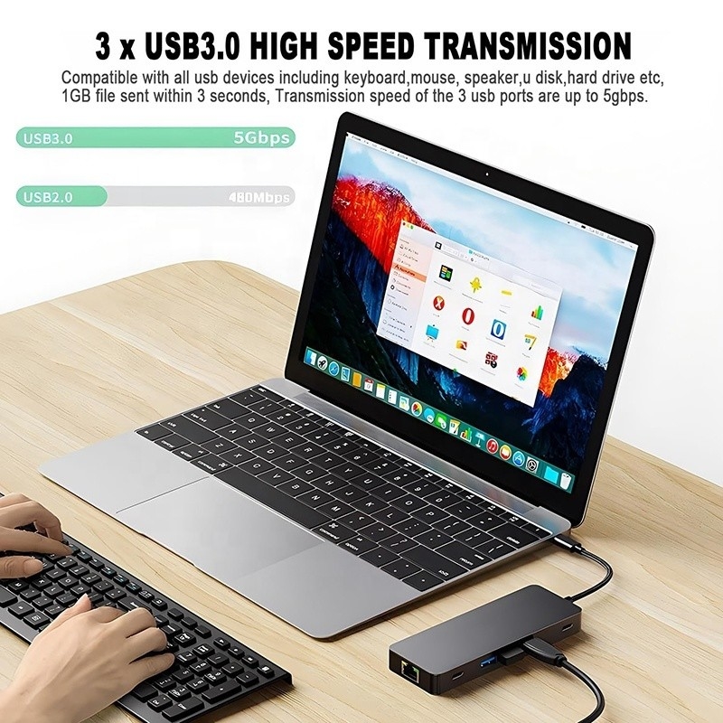 10 in 1 USB C Hub To Dual HDMI 4K 60Hz Adapter Dock con USB 3.0 Ethernet RJ45 1000Mbps
