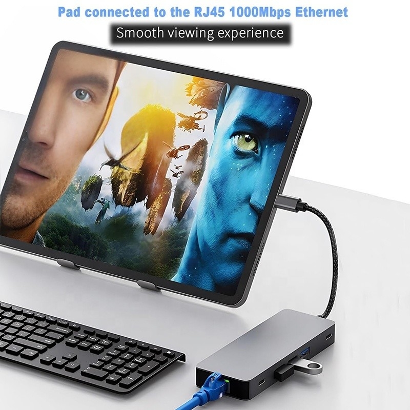 10 in 1 USB C Hub To Dual HDMI 4K 60Hz Adapter Dock con USB 3.0 Ethernet RJ45 1000Mbps