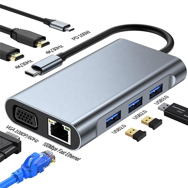 Multifunzione 8-in-1 USB-C USB C Docking Station con doppia 4K HDMI e 2 porte HDMI Grigio