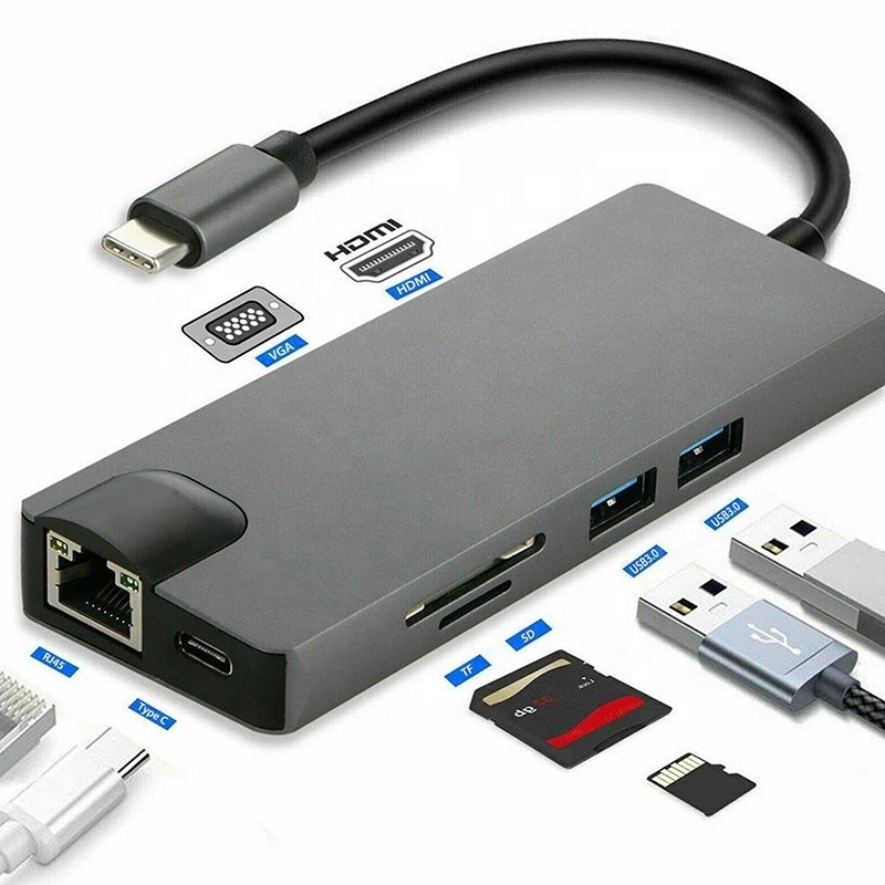 8-in-1 USB C Hub Tipo-C Tipo C 3.1 a 4K HDMI HDTV RJ45 Lan Ethernet PD USB3.0 Adapter Hub