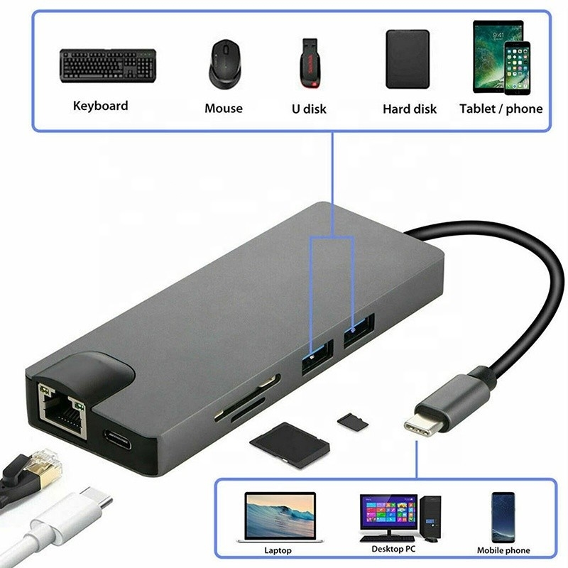 8-in-1 USB C Hub Tipo-C Tipo C 3.1 a 4K HDMI HDTV RJ45 Lan Ethernet PD USB3.0 Adapter Hub