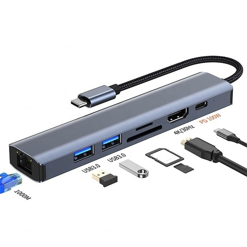 Grigio 7 in 1 USB C Type C Hub con 1000M RJ45 Gigabit Ethernet 4K HDMI PD 100W Adapter