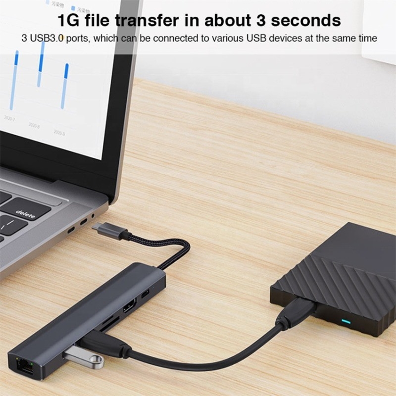 Grigio 7 in 1 USB C Type C Hub con 1000M RJ45 Gigabit Ethernet 4K HDMI PD 100W Adapter