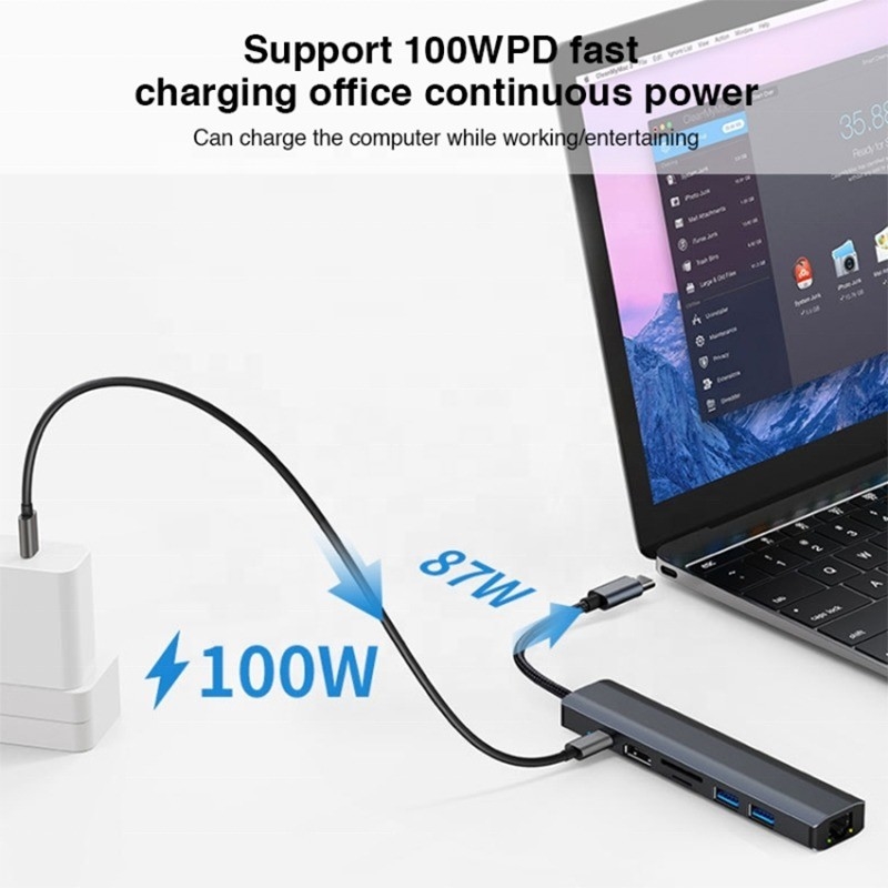 Grigio 7 in 1 USB C Type C Hub con 1000M RJ45 Gigabit Ethernet 4K HDMI PD 100W Adapter