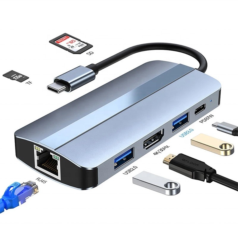 7 in 1 USB C USB-C Hub per Macbook Grigio HDMI USB 3.0 USB2.0 RJ45 SD/TF Card Reader PD Output