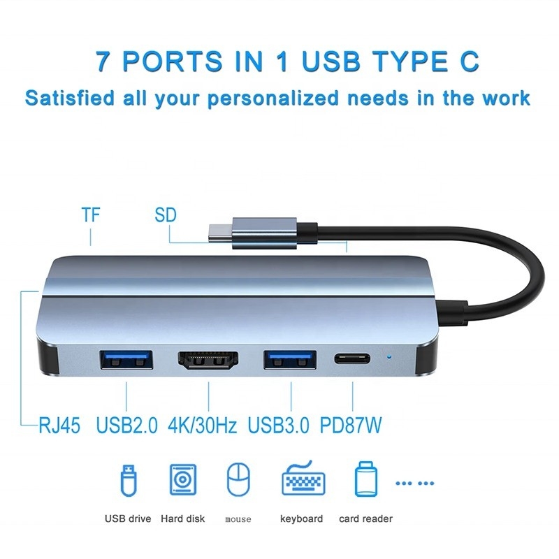 7 in 1 USB C USB-C Hub per Macbook Grigio HDMI USB 3.0 USB2.0 RJ45 SD/TF Card Reader PD Output