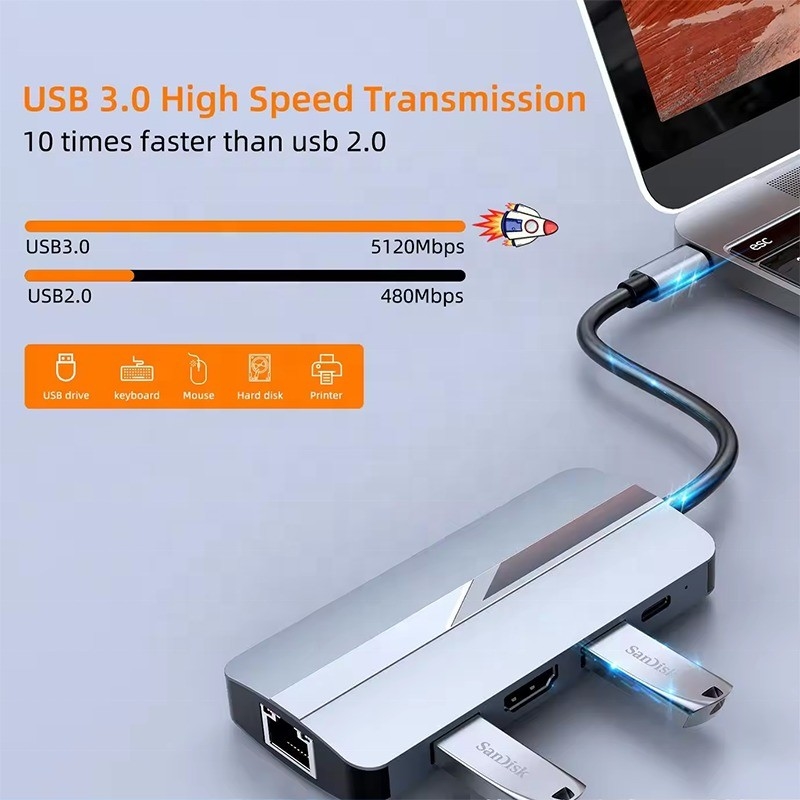 7 in 1 USB C USB-C Hub per Macbook Grigio HDMI USB 3.0 USB2.0 RJ45 SD/TF Card Reader PD Output