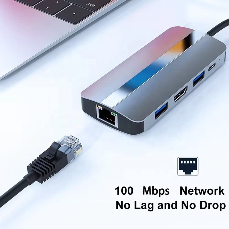 7 in 1 USB C USB-C Hub per Macbook Grigio HDMI USB 3.0 USB2.0 RJ45 SD/TF Card Reader PD Output