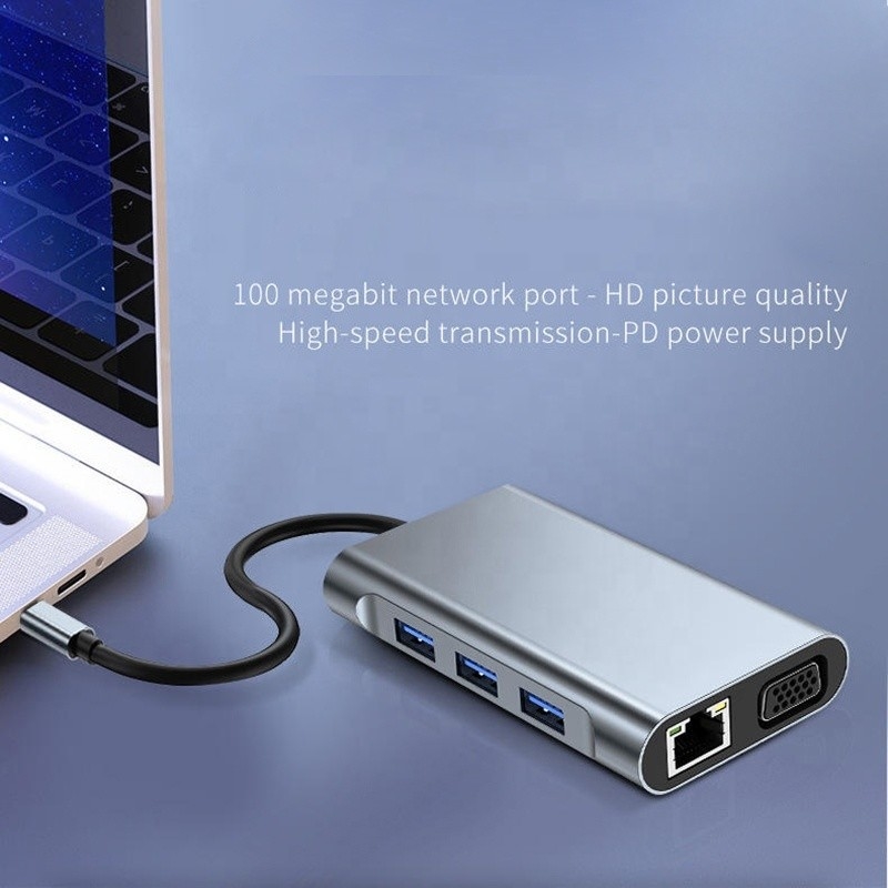 Stazione di collegamento USB C tipo C 7-in-1 con HDTV HDMI VGA USB RJ45 e trasferimento rapido di dati