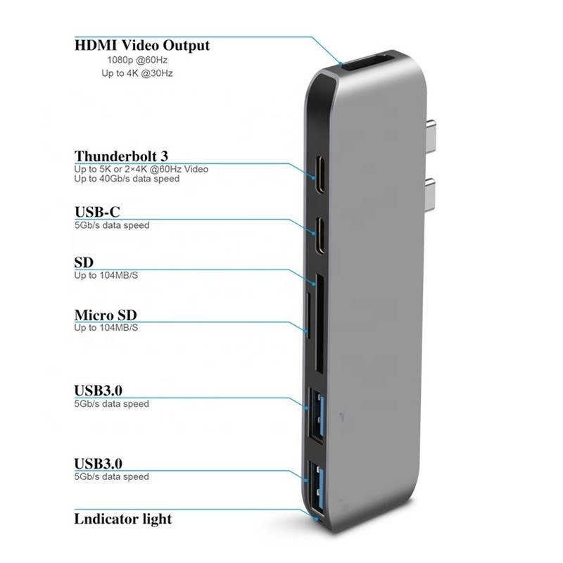 Multiport Docking Station 6-in-1 Type-C Hub Adapter con uscita SD/TF 2*USB3.0 2*USB-C