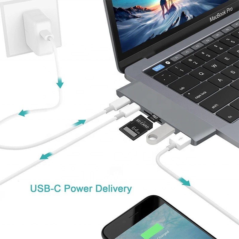Multiport Docking Station 6-in-1 Type-C Hub Adapter con uscita SD/TF 2*USB3.0 2*USB-C