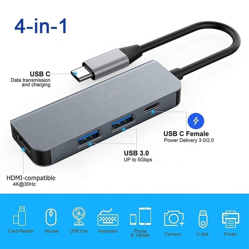 4K HDMI Compatibile Tipo-C verso USB C Hub Adapter con 2 porte di carica USB3.0 e PD
