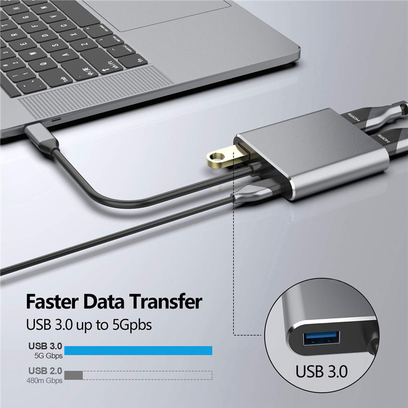 Stazione di attracco 4-in-1 con 2 doppie porte HDMI 4K e adattatore USB-C tipo-C a doppio HDMI
